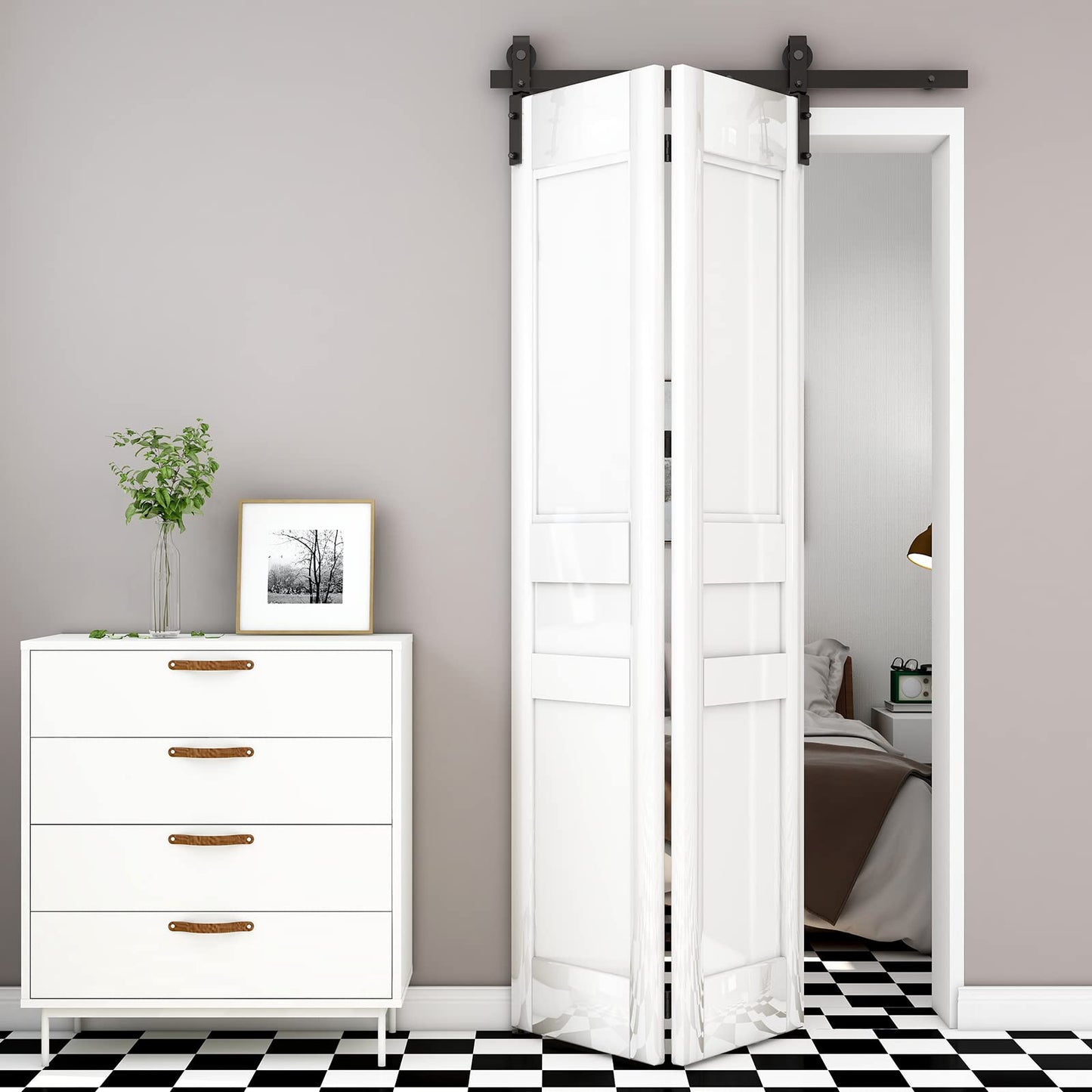 BONIKLUBA 40" Bi-Folding Sliding Barn Door Hardware Track Kit,Smoothly&Quietly,Side Mounted Black Roller,Easy Install,Door Not Included [Fit Double 18" Bifold Doors]