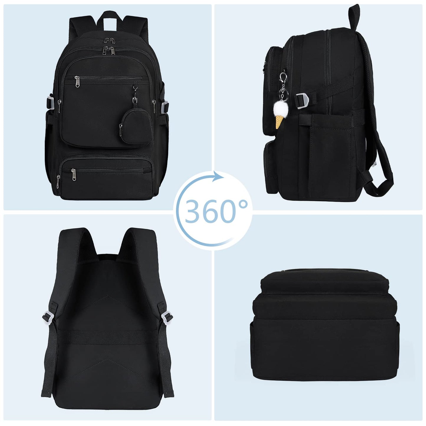 RAINSMORE Lightweight School Backpack for Women Travel Casual Daypack Rucksack Bookbag for Teen Girls Laptop Backpacks 15.6 inch for College High School, Black