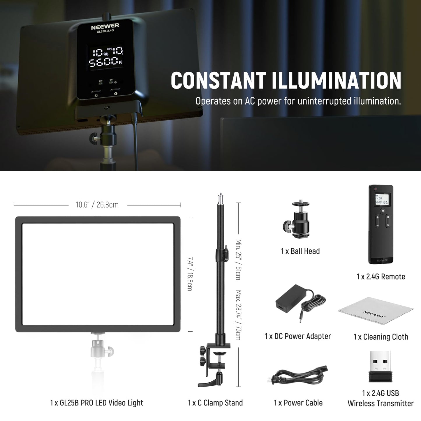 NEEWER 25W 12.9" Streaming Key Light with Desk Stand/2.4G Remote/USB Transmitter, PC/Mac APP Control Dimmable Edge Lit Video Panel Light with 2300Lux 2900K-7000K CRI98+ for Webcam Laptop Zoom, GL25B