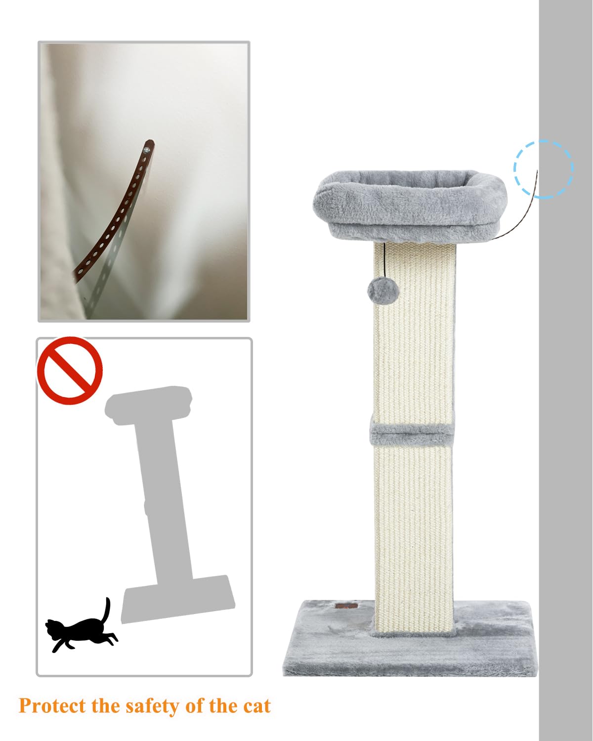 Karolpar 32" Cat Scratching Post for Indoor Cats, Sisal Cat Scratcher with Plush Perch, Large Scratch Post with Bed, Removable Cover, Sisal Fabric (Gray)