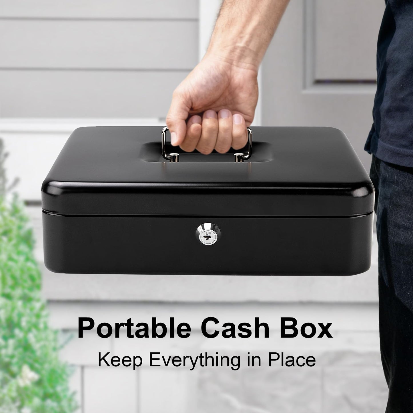 Jssmst Large Cash Box with Lock - 2017 New Metal Money Box 100% Safe, 11.8L x 9.5W x 3.5H Inches, Black, SM-CB0501L