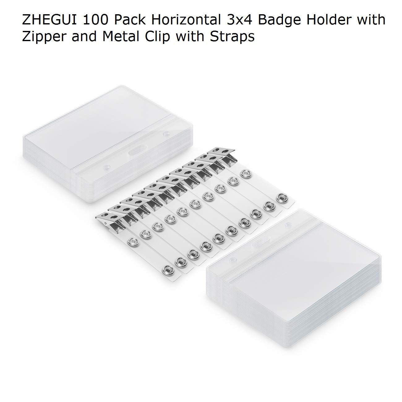 Clear Plastic Horizontal Badge Holders and Metal Badge Clips with Vinyl Straps Waterproof Name Tag PVC ID Card Holder by ZHEGUI (100 Pack, Horizontal Large 3x4)