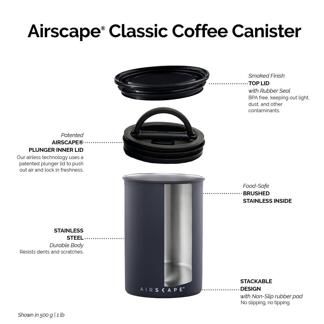Airscape Stainless Steel Coffee Canister | Food Storage Container | Patented Airtight Lid | Push Out Excess Air Preserve Food Freshness (Small, Brushed Steel)