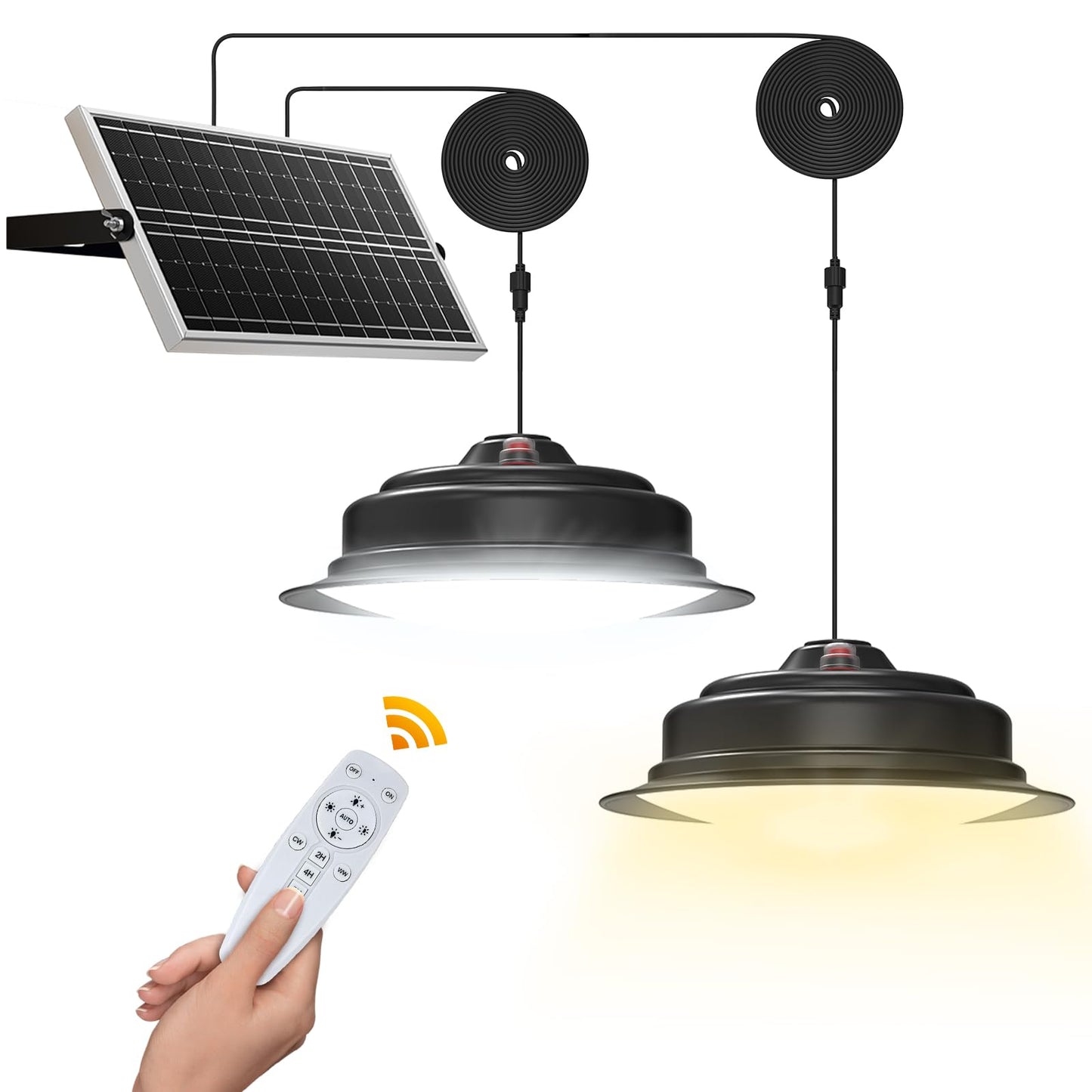 Malitupy Solar Pendant Lights Indoor Outdoor 2 Pack, Daytime Dimmable 120LED Cool/Warm White Solar Shed Lights with ON/Off Switch & Remote, Waterproof Barn Lights for Patio, Porch, Chicken Coop