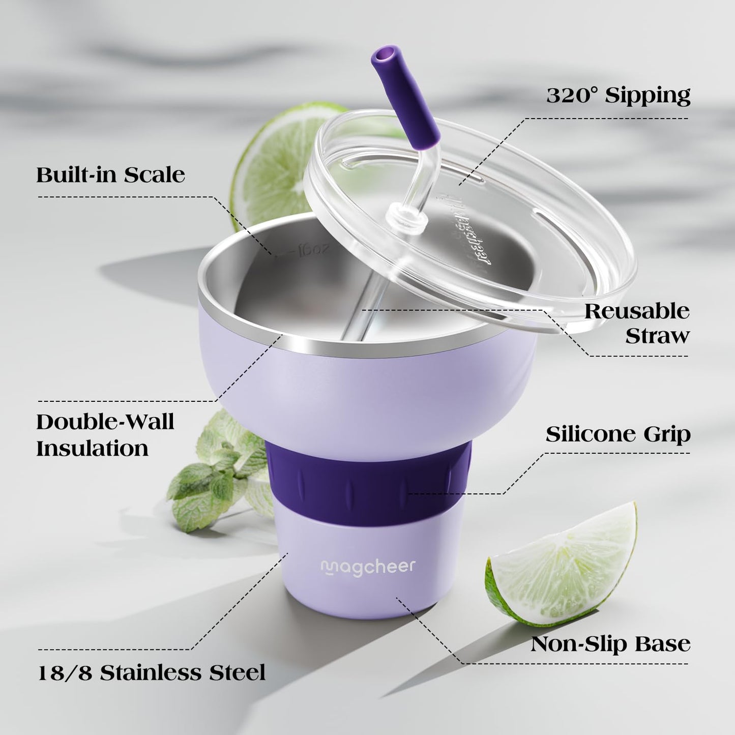Magcheer 16 oz Cocktail Tumbler with Lid and Straw - Stainless Steel Insulated Margarita Tumbler - 320° Sippable Stemless Wine Cup for Party | Purple