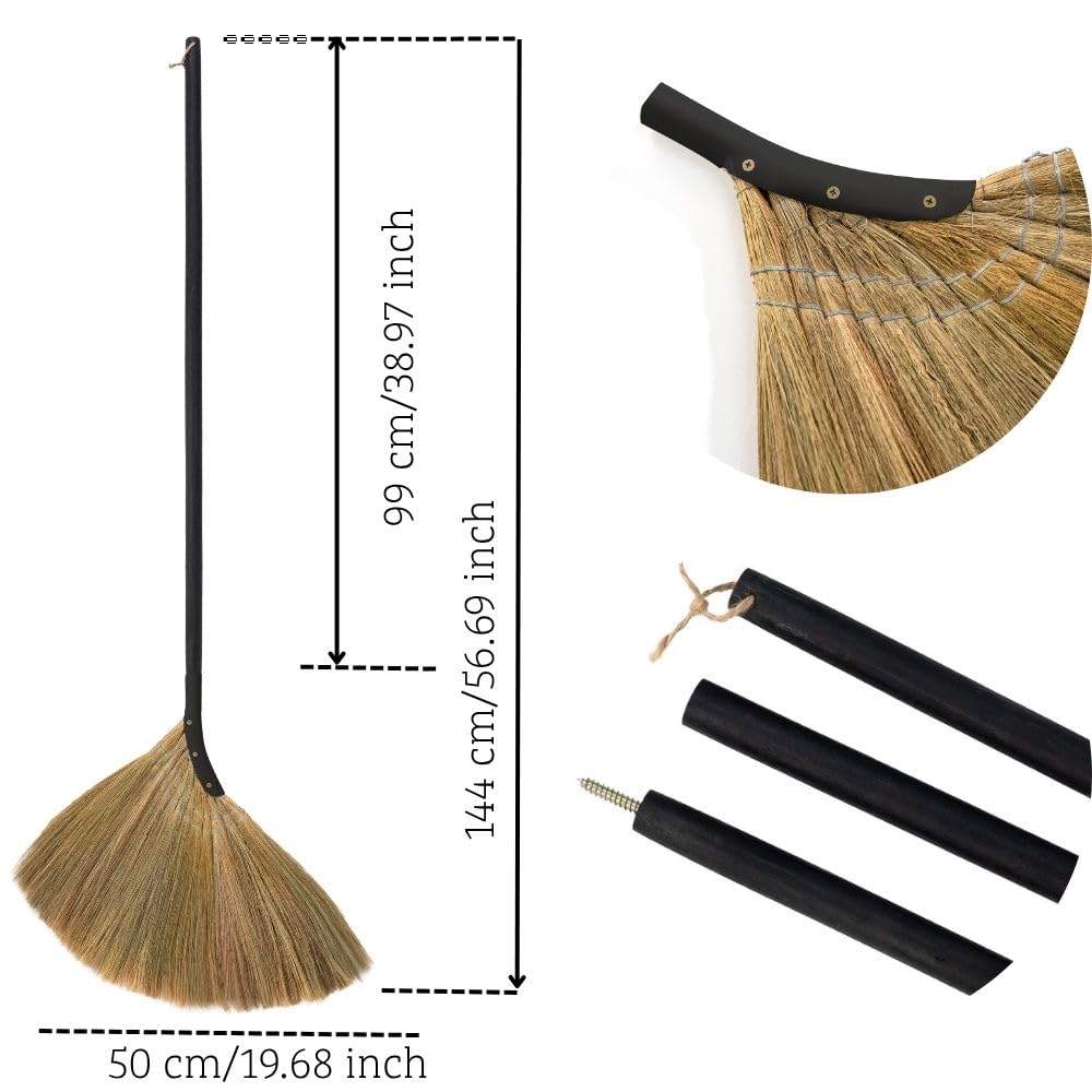 TTS For Home - Vietnamese Straw Soft Broom - Indoor Grass Broom - Sweeping Hand with Black Long Handle Broomstick for House, Garage, Office, Lobby Room, Kitchen with 37.98 in Length