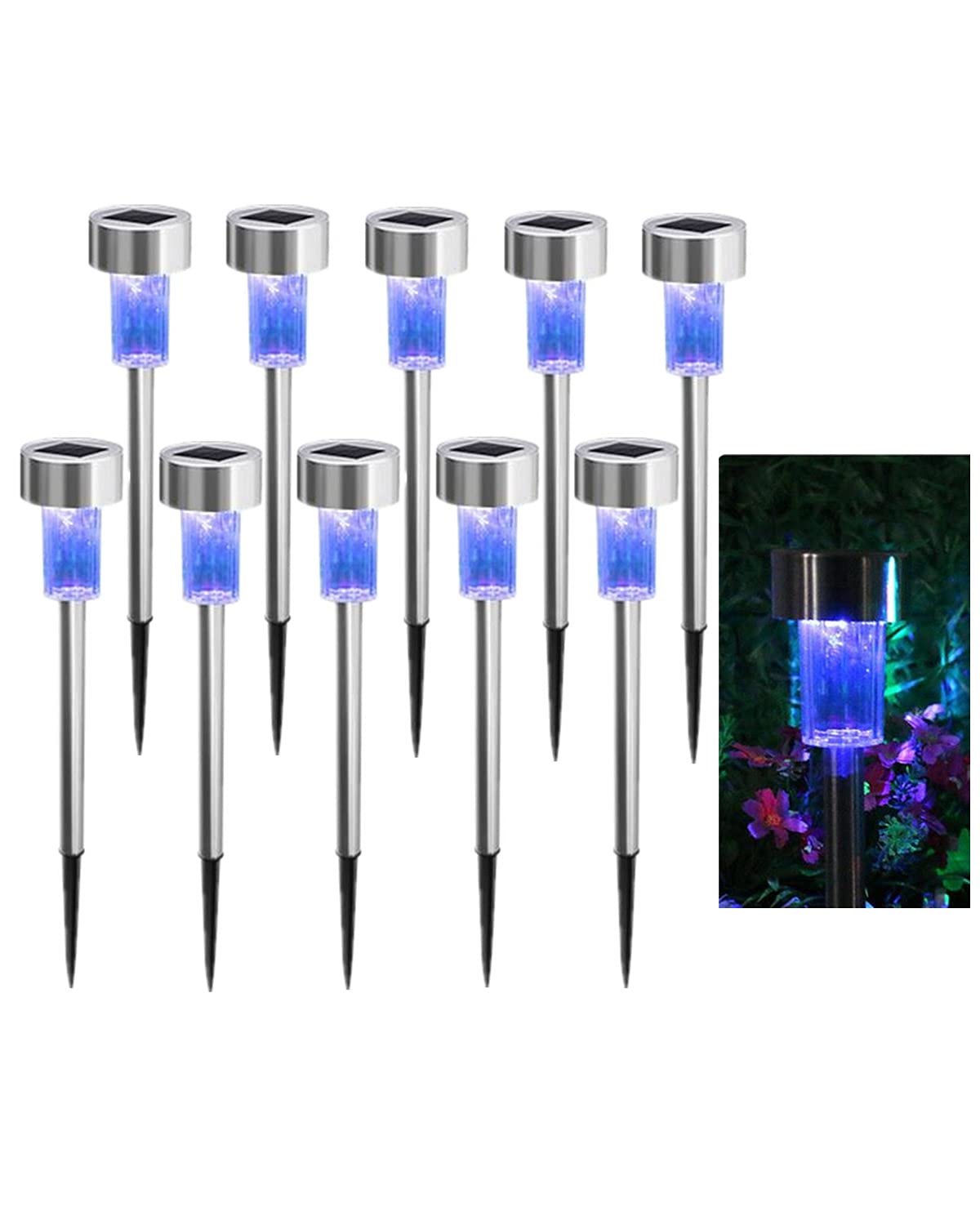 NEWOTE 10PCS LED Outdoor Steel Garden Solar Powered Landscape Light Lamp Yar Pathway Stake Lights (Blue)