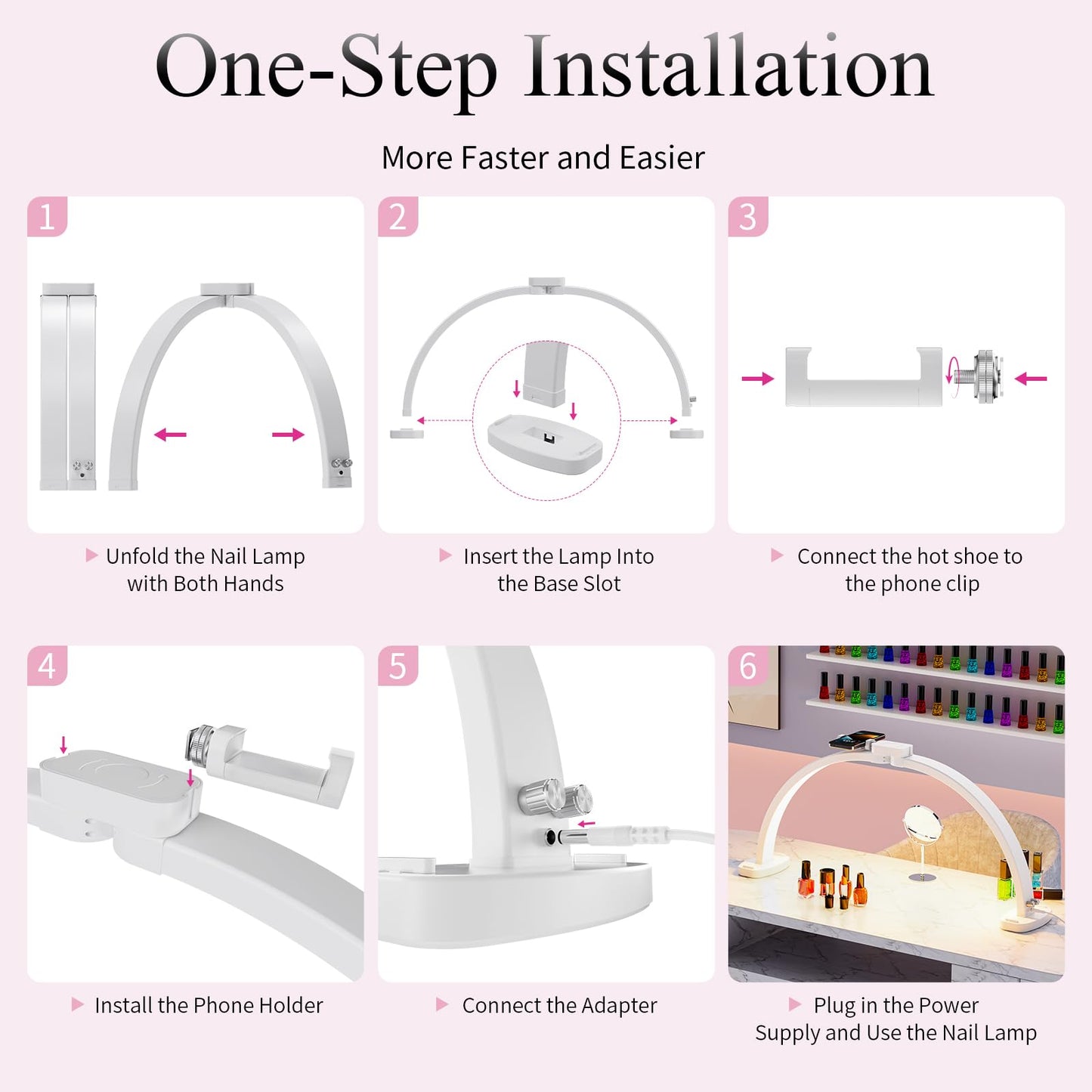 TideNaga Half Moon LED Light for Nail Tech, 31" Foldable Half Moon Nail Desk Lamp with Phone Stand Perfect for Beginner, Color Temperature/Brightness Stepless Adjustment Arch Tech Light (White)