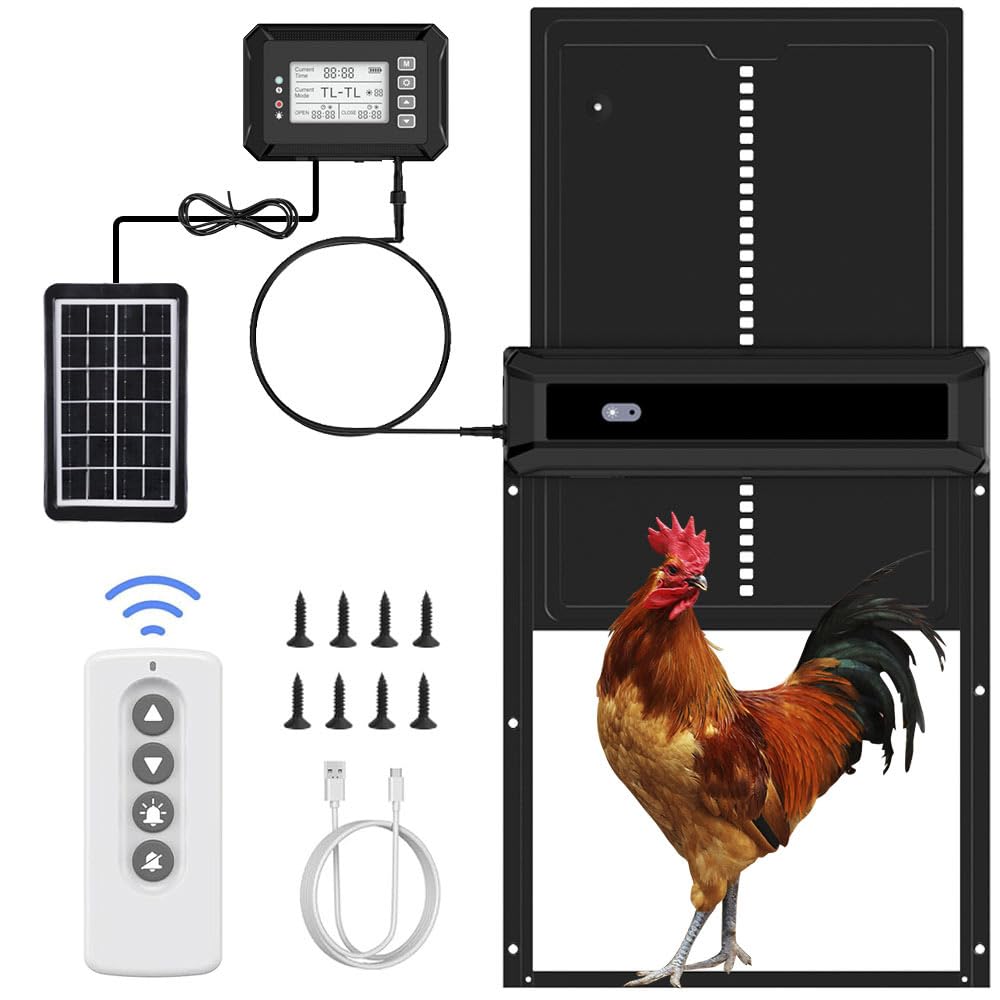 Large Size Automatic Chicken Coop Door Solar Powered Chicken Door with Independent LCD Display and Remote Control, Anti-Pinch & Aluminum Alloy Weather Proof Electric Coop Accessories with 4 Modes