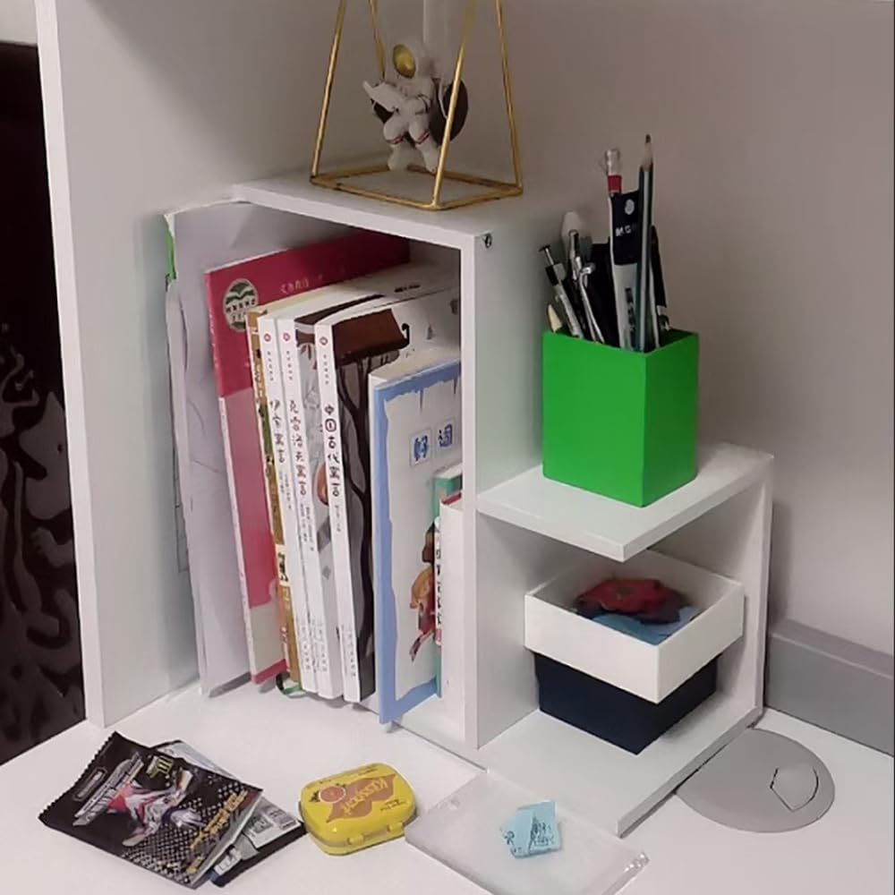 Hbluefat Desktop Bookshelf Organizer, Small Wooden Storage Rack, Multi-Functional Desk Display Shelf for Home Office (White)