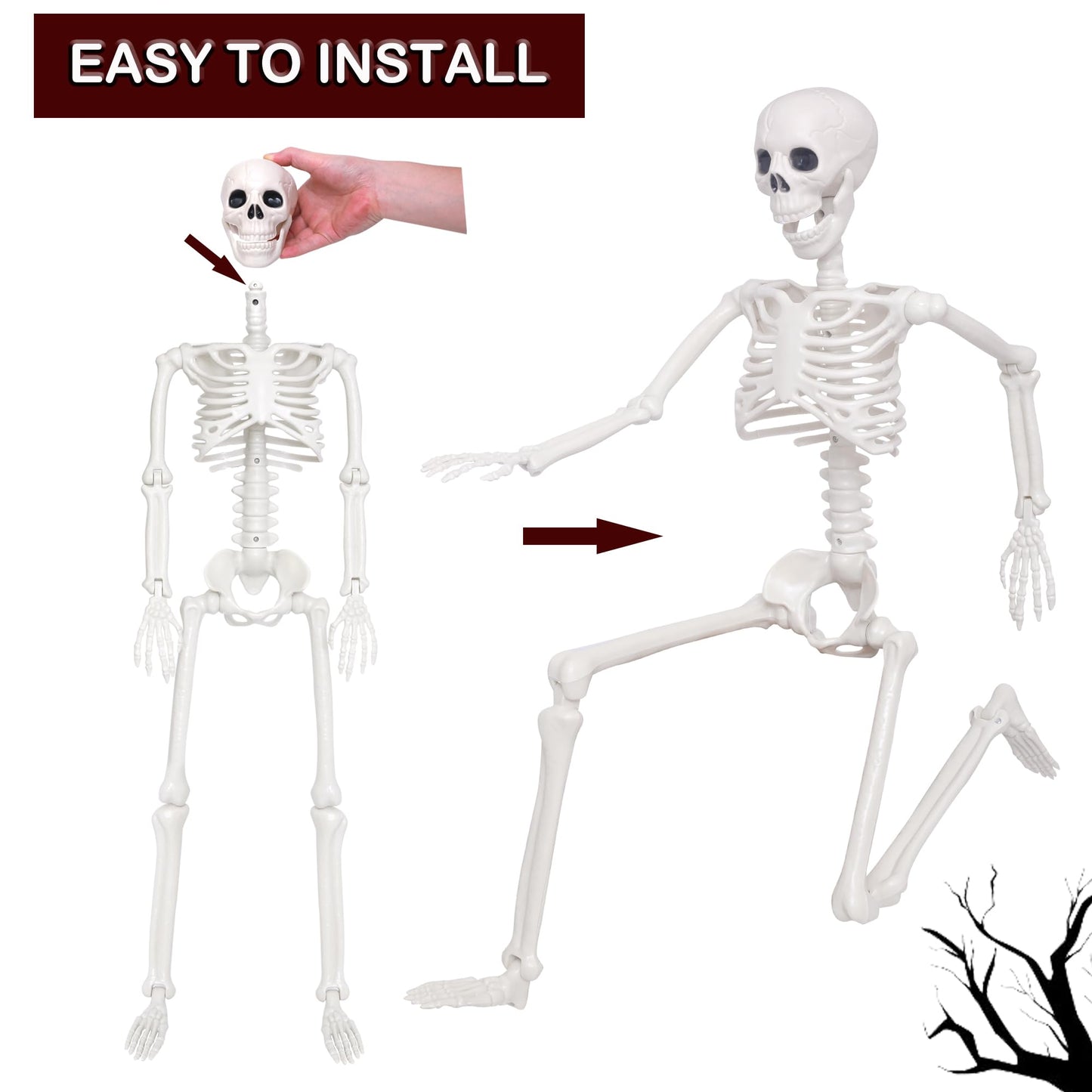 2Pcs Halloween Skeleton Decor,3Ft Life Size Skeleton with Movable Joint for Halloween Decorations