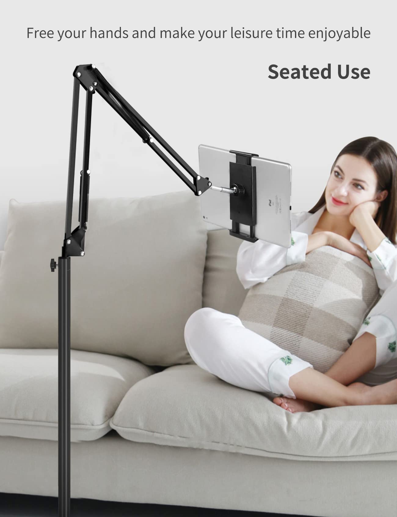 Tablet Floor Stand with Double Weight Base, Overhead Bed Phone Mount Height Adjustable Arm Stretchable Stand Holder, Compatible with iPad mini Air Pro, Galaxy Tab, Kindle, Switch, Cell Phones-Black