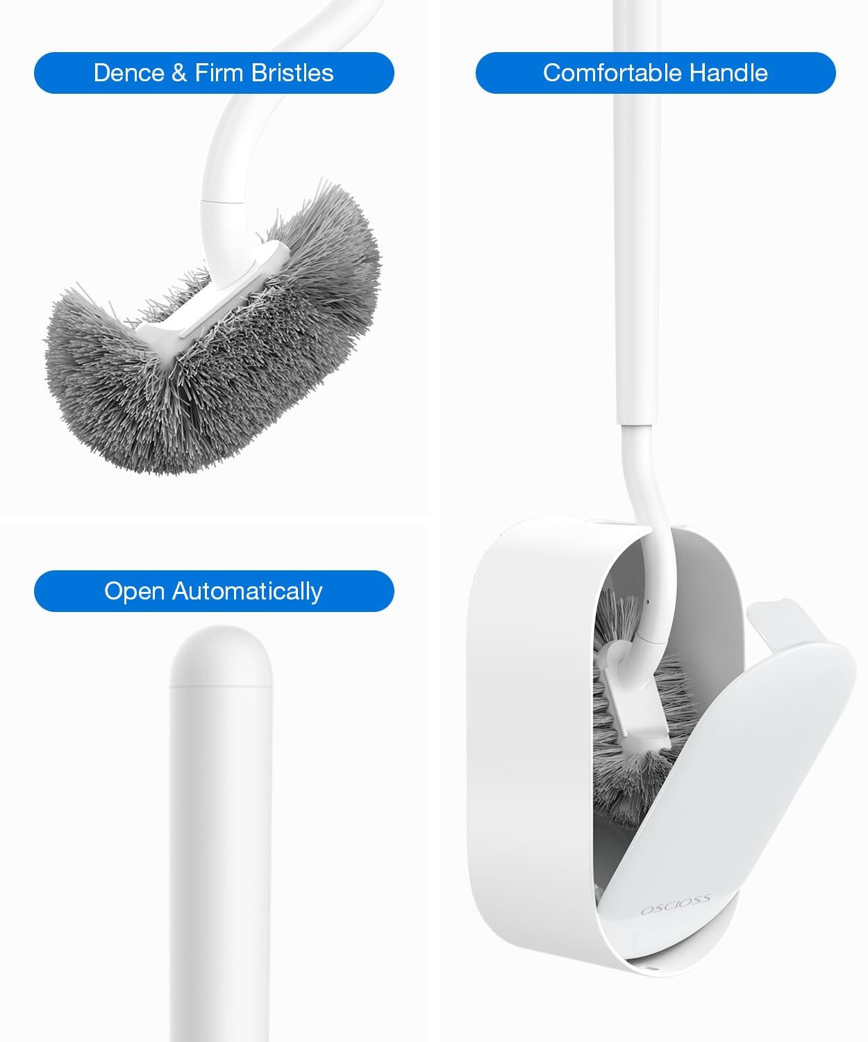 Toilet Bowl Brush and Holder, OSCIOSS Toilet Brush Set with Ergonomic Design, Compact Size, Durable Bristles, RV Toilet Brushes & Holders for Dead Corner Clean (White-2pack, 2pack)