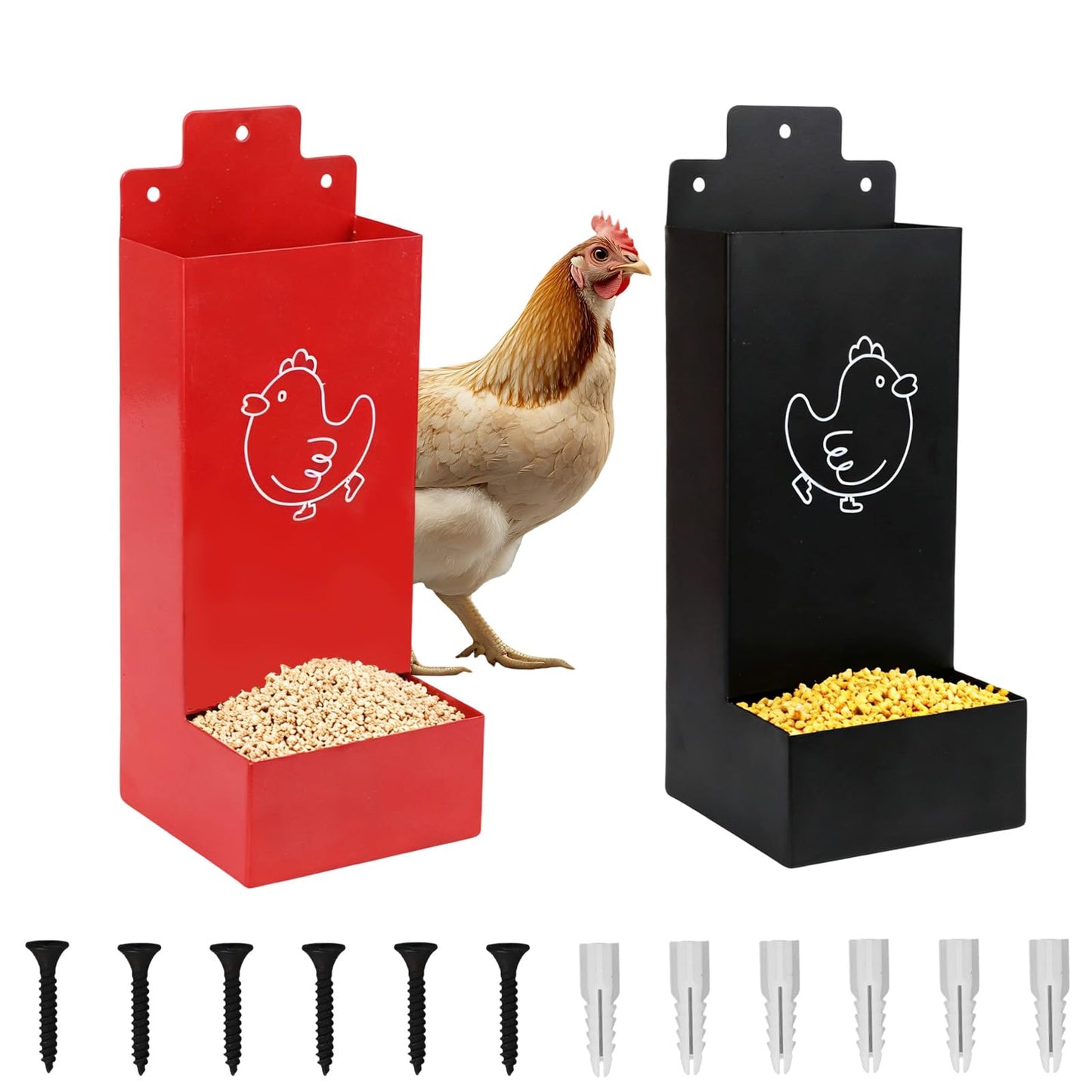 2pcs Chicken Oyster Shell & Grit Feeder, Metal Hanging Poultry Feeder Trough for Hens Durable Chicken Coop Accessories (Black & Red)