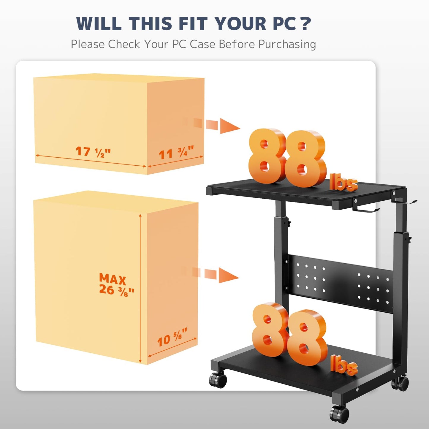 PUTORSEN Computer Tower Stand Cart - 2-Tier CPU Cart with 4 Casters, Rolling Holder with Pegboard & 2 Hooks, Height Adjustable from 20 7/16" to 30 1/4", for Office Home Gaming