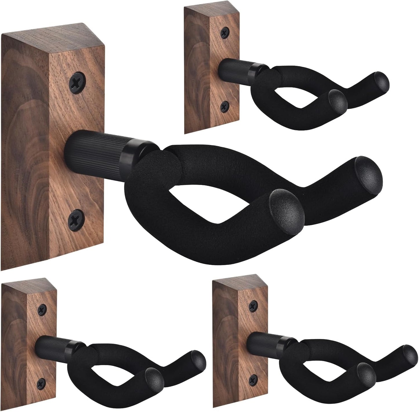 Black Walnut Guitar Wall Mount 4 Pack Guitar Hanger Wall Hook Holder Stand Display - Easy to Install - Fits All Size Guitars Bass Mandolin Banjo Ukulele