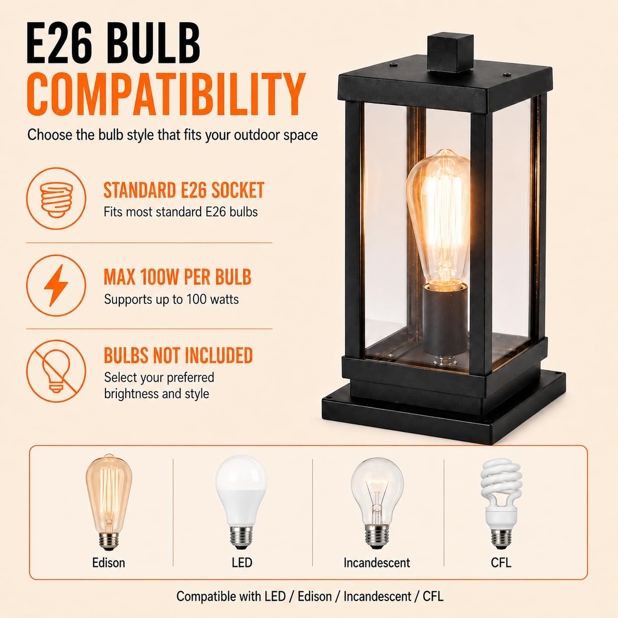 Modern Outdoor Post Light Fixture, Hardwired Aluminum and Clear Glass Lamp Post Lantern, Waterproof Exterior Light for Yard, Driveway, Garden, Gate Pillar,E26 Base (Bulb Not Included)
