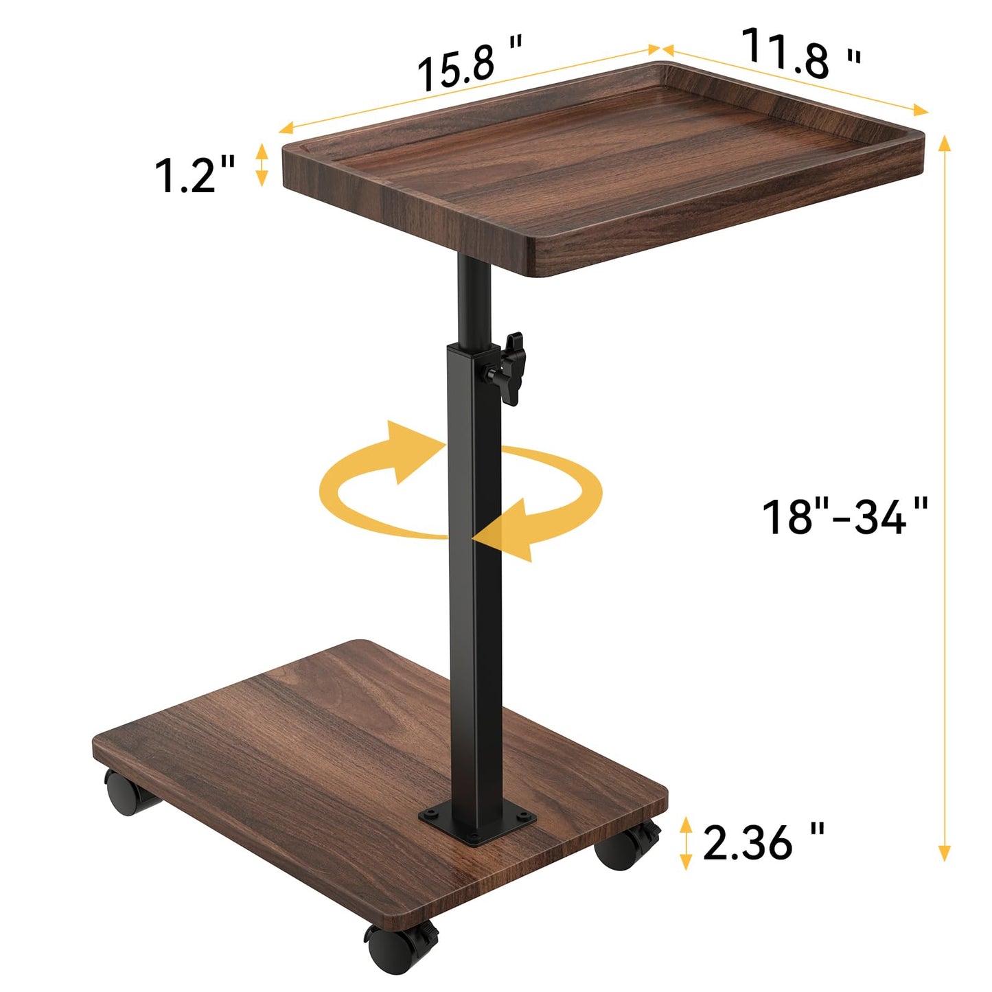 C Shaped End Table Adjustable Height, 360°Swivel TV Tray Table for Small Spaces, Rolling Couch Side Tables for Living Room, Bedroom, Bedside, Chair, Sofa, Snack (Walnut Brown)
