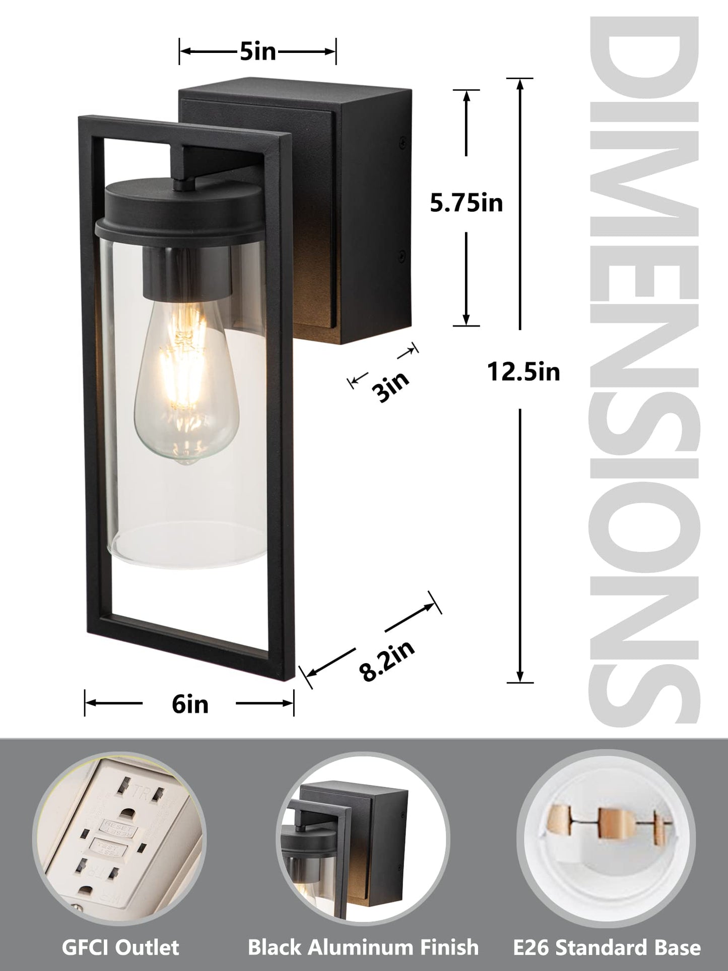 OUPAVOCS Outdoor Lights with GFCI Outlet, Modern Porch Lights Waterproof, Exterior Light Fixture with Outlet Plug, Black Wall Sconce Wall Mount with Seed Glass, Outside Patio Lights for House, Garage