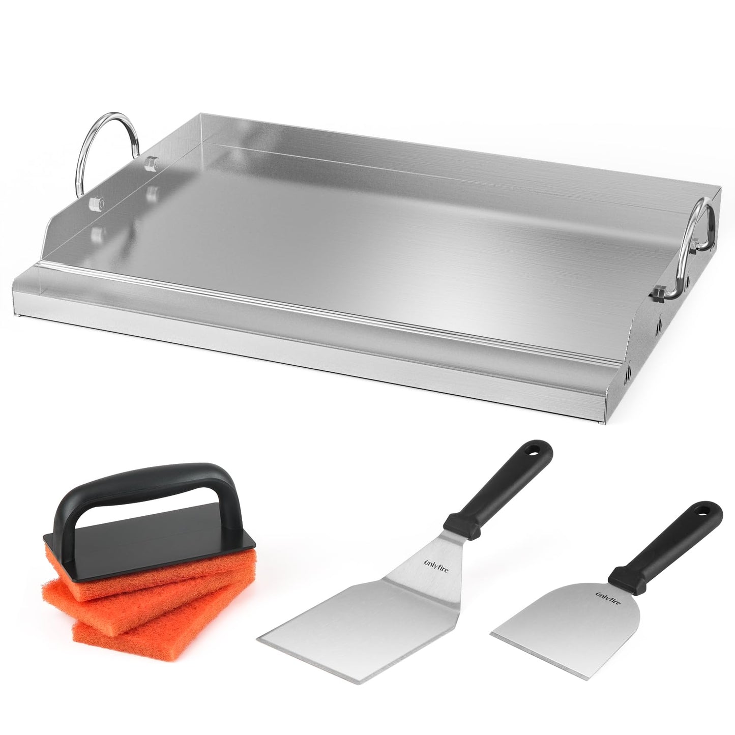 Onlyfire Griddle and Cooking Tool Kit, 18"×12.5" Outdoor Flat Top Griddle Plate with BBQ Scraper, Spatula and Scouring Pad for Gas and Charcoal Grills