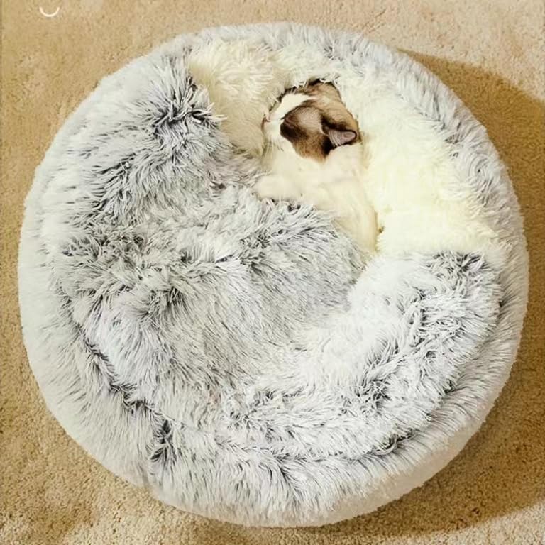 Cat Bed Round Fluffy Hooded Cat Bed Cave, Anti-Anxiety Cave Bed with Hooded Blanket, Cozy Cuddler Luxury Puppy Pet Bed, Anti-Slip Bottom and Machine Washable (Grey, Large)