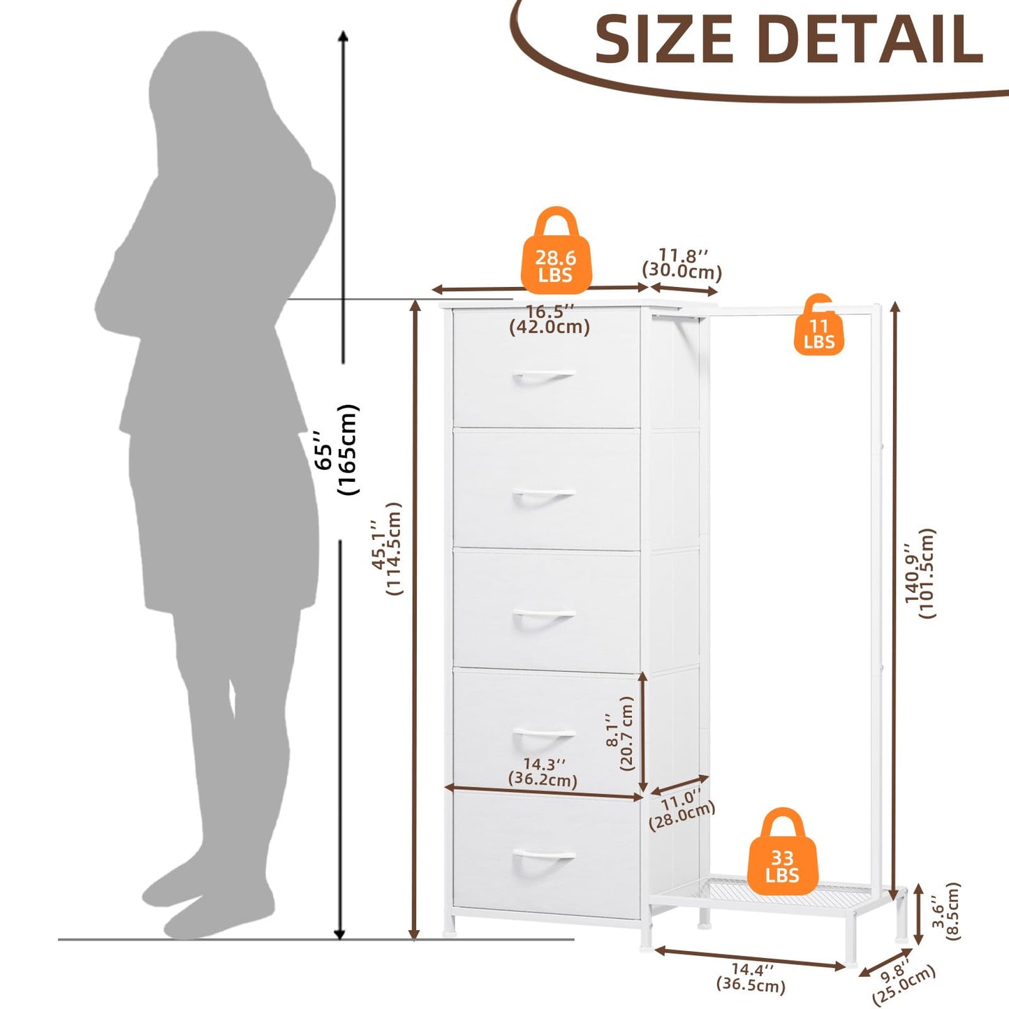 Somdot Dresser with Hang Rack,5 Drawers Small Dresser for Bedroom,Reversible Fabric Chest of Drawers with Clothes Rack,Tall Storage Tower for Closet,Living Room,White Leather