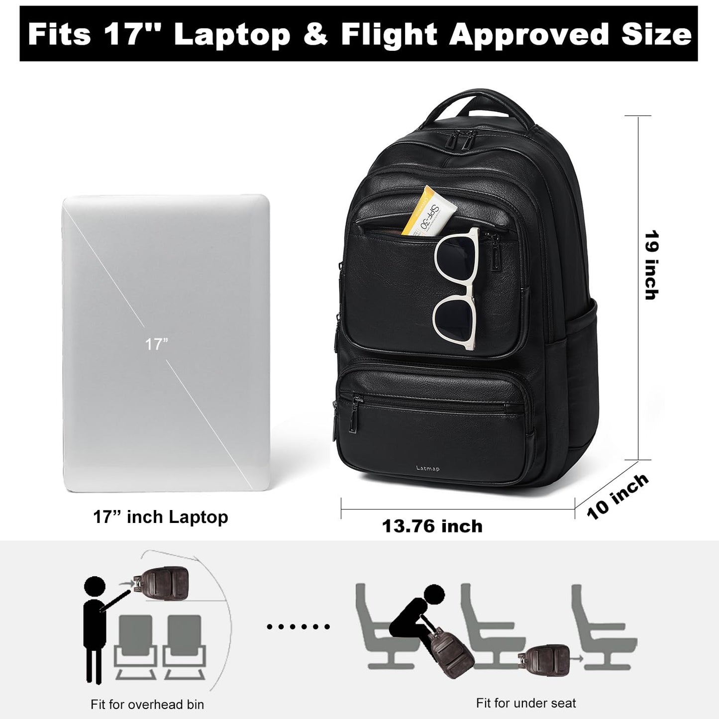 LATMAP 43L Backpack Purse For Women Leather Shoulder Diaper Bookbag Tote 17 16 15.6 Inch Laptop Bag Handbags For Travel Work College Large Black
