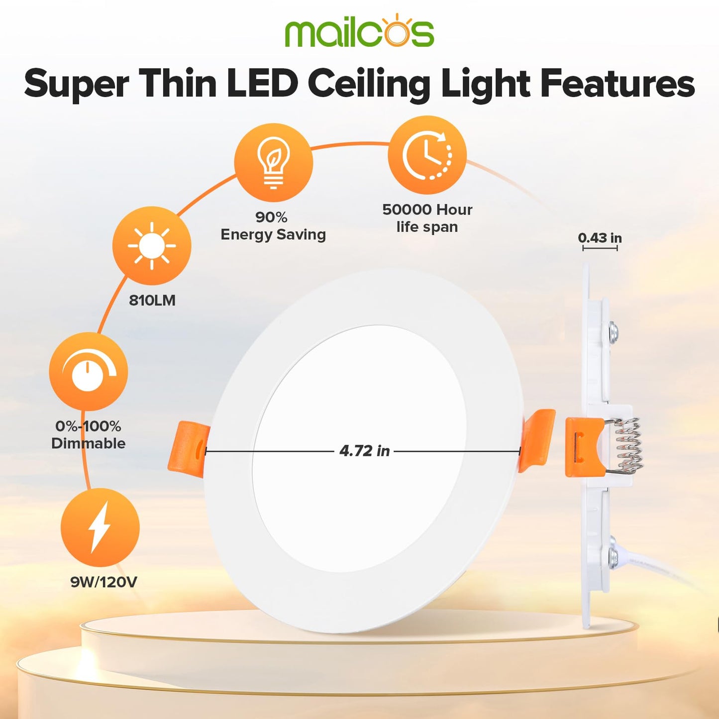MAILCOS 6 Pack 4 Inch 5CCT Ultra-Thin LED Recessed Ceiling Light with Junction Box, 2700K-5000K Selectable, 810LM High Brightness, Dimmable Canless Wafer Downlight, 9W 120V, ETL
