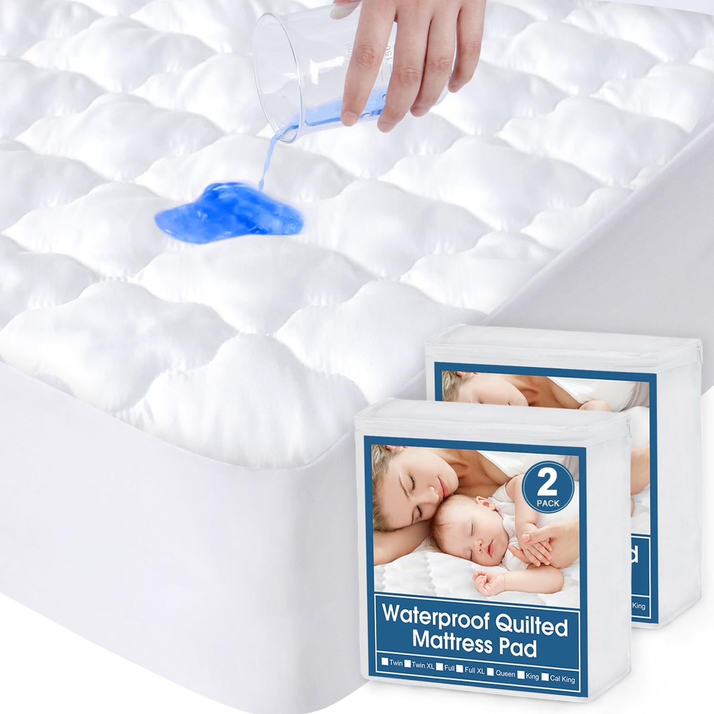 2 Pack Twin XL Mattress Protector Waterproof, Breathable & Noiseless Queen Twin XL Mattress Pad Cover Quilted Fitted with Deep Pocket up to 14" Depth (39"x 80"), Breathable, Noiseless, Washable, White