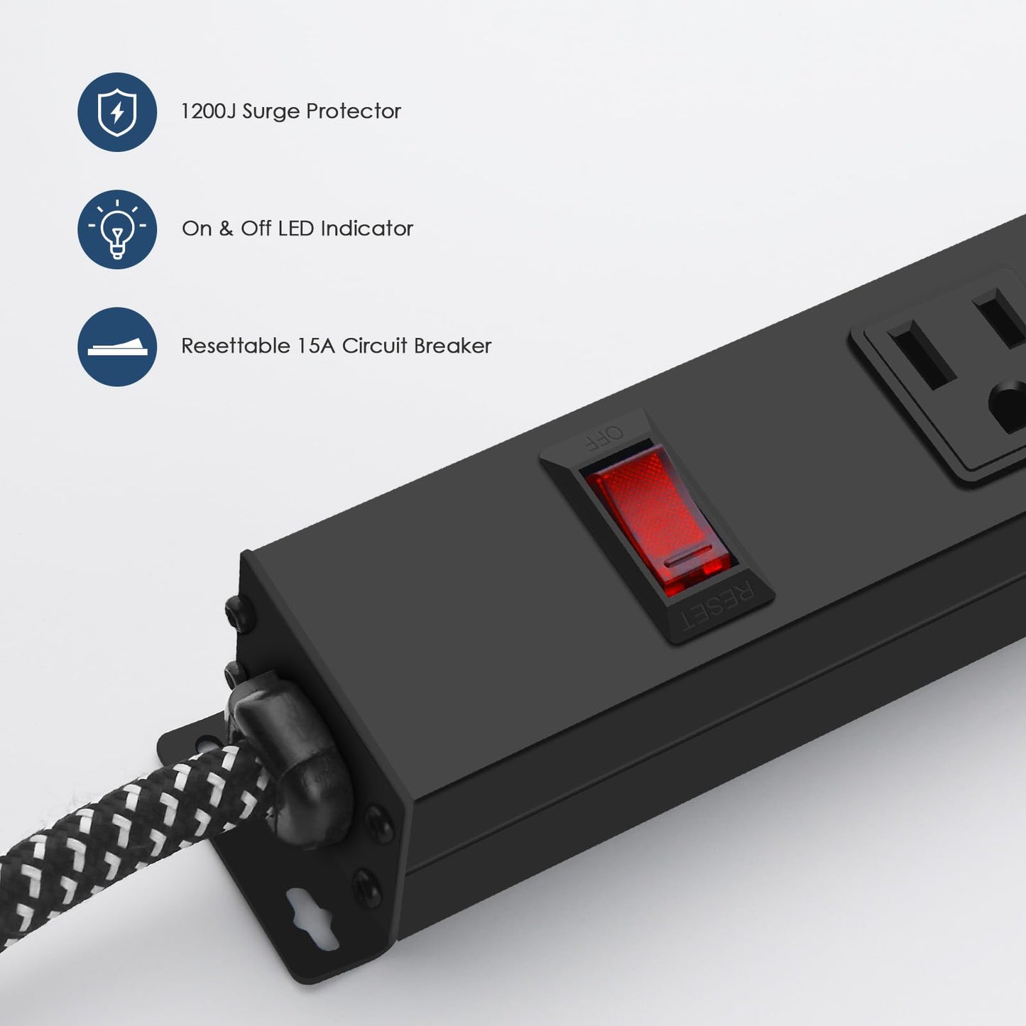 8 Outlet Power Strip - Metal Power Strip with Switch,Wide Spaced Moutable Power Strip,6ft 14Awg Braided Cord,Home Office Industrial Garage Commercial