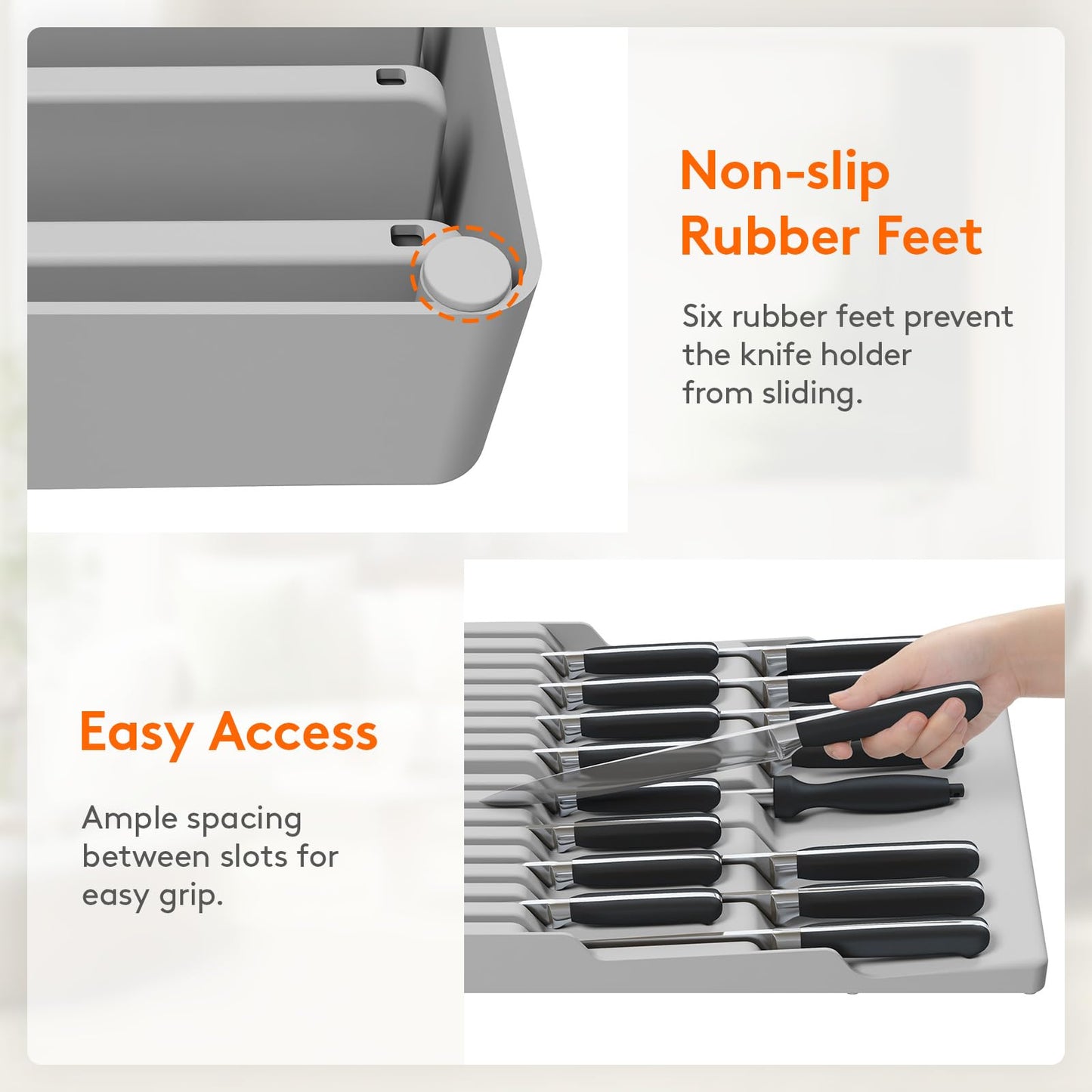 Lifewit Magnetic Drawer Knife Organizers Insert, Kitchen Plastic In Drawer Knife Block Slots, Steak Chefs Knives Holder Storage Sets for 16 Knives and 1 Sharpening Steel, Extra Large, Gray