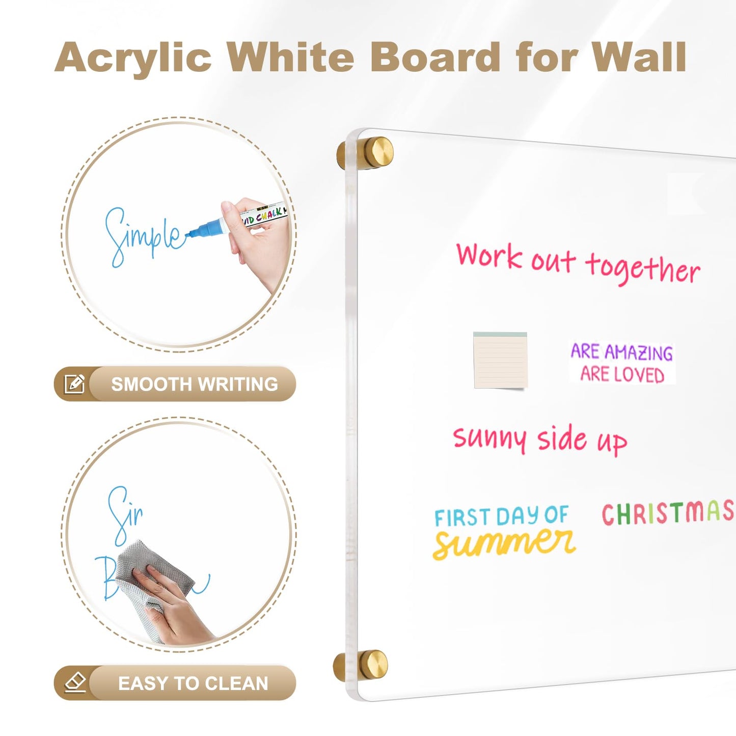 AMUSIGHT Large Clear Acrylic Dry Erase Board, 28" X 20" Golden Non-Magnetic Frameless Clear White Board for Wall, Erasable Acrylic Board for Wall, Home, Office, School, 2 Markers