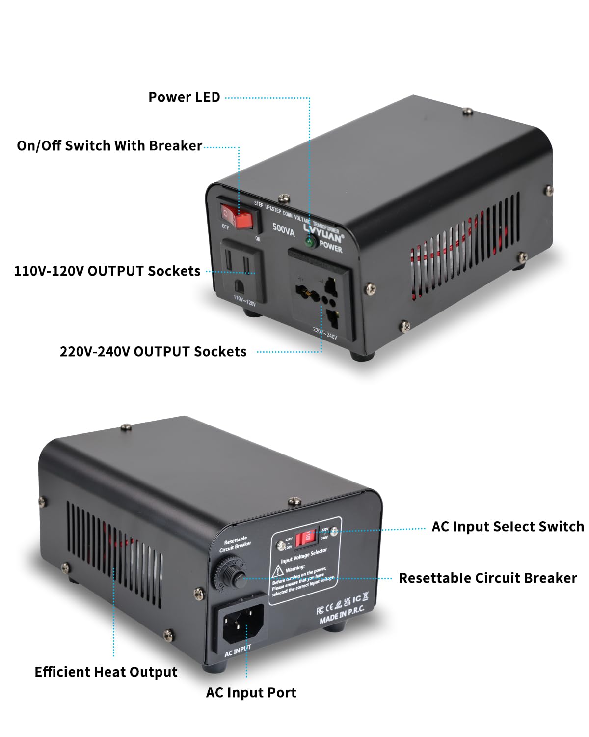 LVYUAN Voltage Transformer Converter 500 Watt Step Up/Down Convert from 110-120 Volt to 220-240 Volt and from 220-240 Volt to 110-120 Volt with US Outlet, Universal Outlet, Circuit Breaker