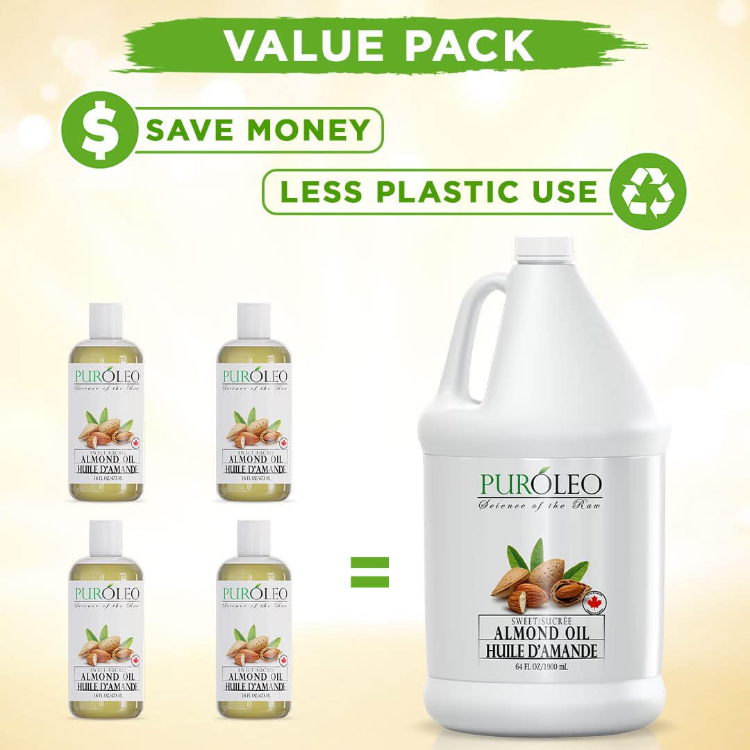 PUROLEO Sweet Almond Oil 64 Fl Oz/1900 ML (Packed In Canada) Pure Almond Oil for Skin, Hair, & Body | Organic Carrier Oil & Body Oils For Women | Almond Butter Hair Oil, Body Oil, Baby Oil, Massage Oil huiles essentielles Amande Douce Huile Massage