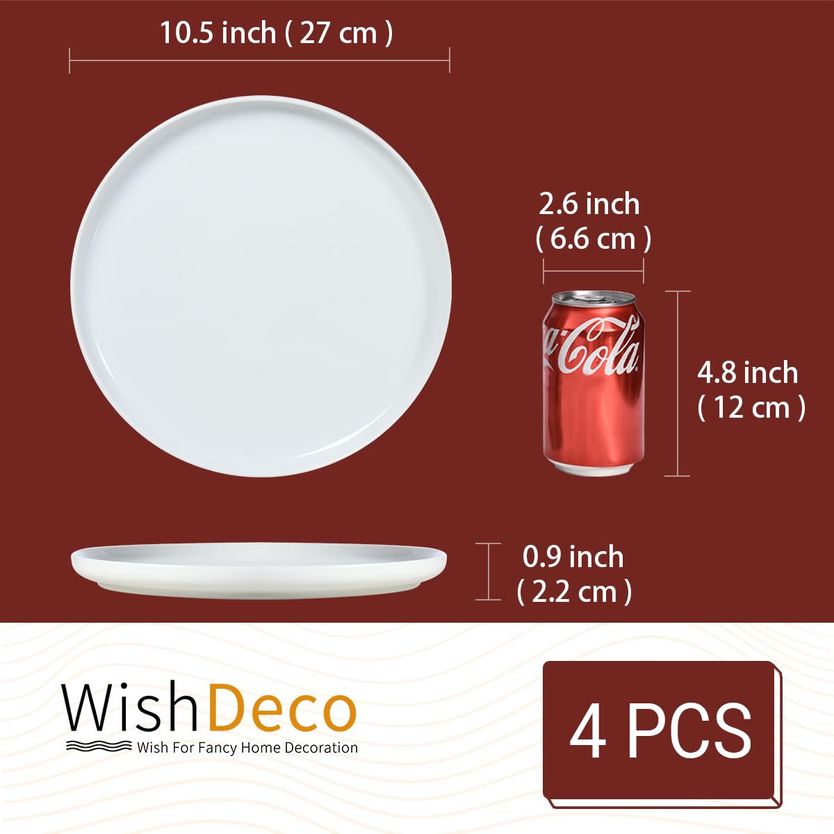 WishDeco Ceramic Dinner Plates Set of 4, Large Serving Plates 10.5 Inch / 27cm, White Round Porcelain Serving Dishes for Salad, Pizza, Steak, Buffet, Microwave & Dishwasher Safe