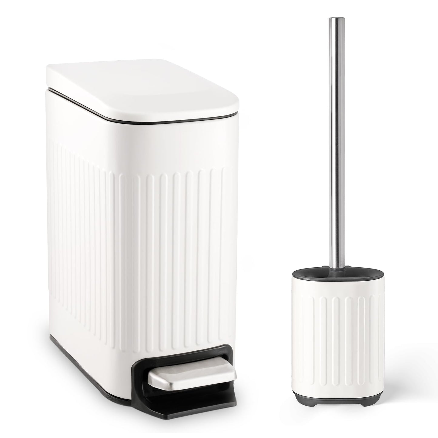TrashAid Bathroom Trash Can with Toilet Brush - 6 Liter / 1.6 Gallon Bathroom Trash Can with Lid Soft Close + Silicone Toilet Brush and Holder Set, White Bathroom Accessories, Set of 2