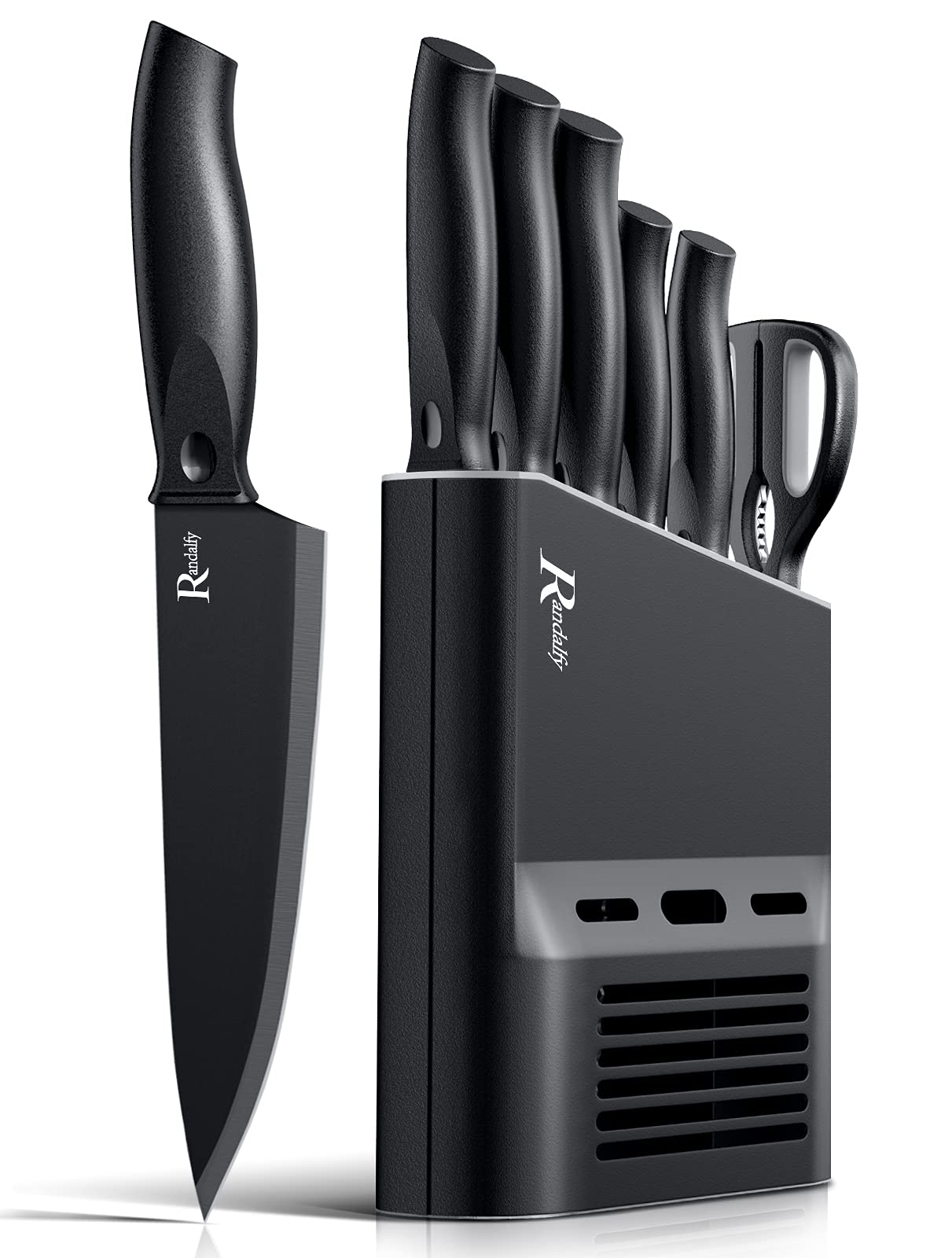 Randalfy Kitchen Knife Set with Block, 7 Pieces Chef Knife Set with Knives, Scissor, Block for Meat/Vegetables/Fruits Chopping, Slicing, Dicing&Cutting, Black