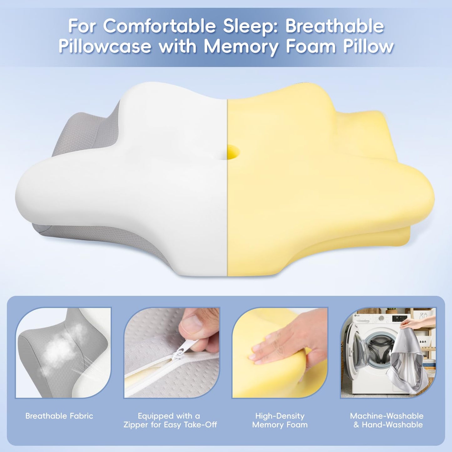 MISSLEEP Cervical Neck Pillow, Memory Foam Pillows for Relieving Neck and Shoulder Pain, Neck Support Pillow for Side Sleepers, 2 Heights Ergonomic Pillow with Breathable Ice Silk Cover White