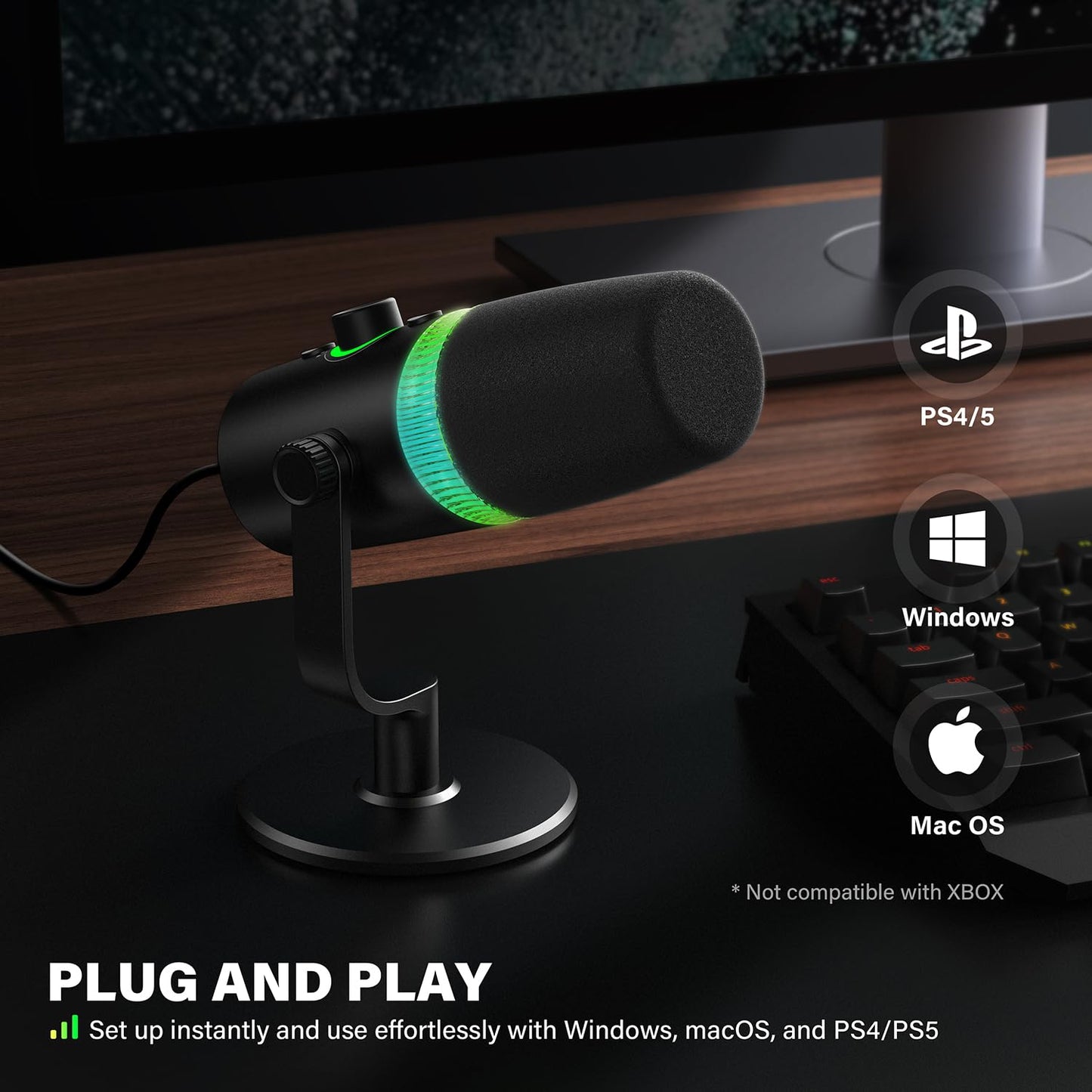 USB/XLR Dynamic Podcast & Gaming Microphone for PC, Vocal Mic with RGB Lighting, Tap-to-Mute, Gain Control & Headphone Monitoring for YouTube Streaming