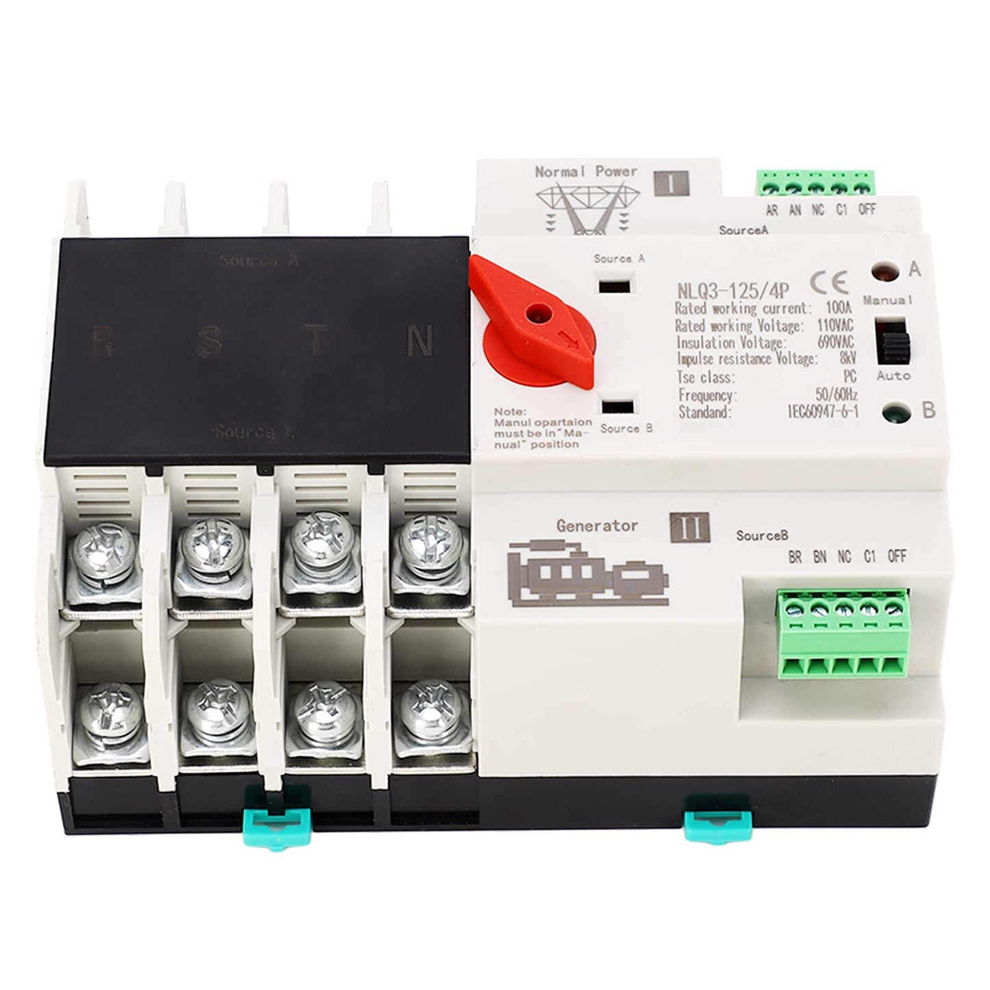 Gugxiom Dual Power Automatic Transfer Switch, 100A AC110V Automatic Transfer Switch Generator Transfer Switch, 4P Rail Mounted Generator Changeover Switch Power Transfer Switch