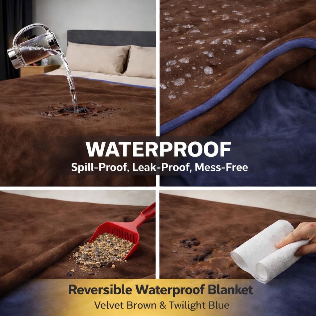 Waterproof Throw Blanket – Leakproof, Spill-Proof Flannel Dog Blanket for Bed, Couch, Kids & Pets Protection, Reversible Water-Proof Design (Velvet Brown & Twilight Blue, 40x60)