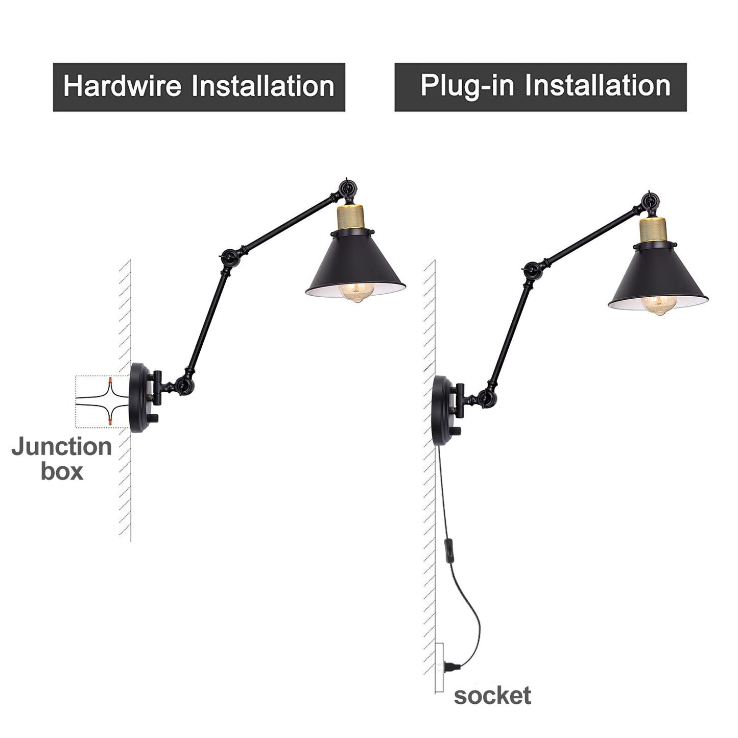 TRLIFE Wall Sconce Plug in, Dimmable Wall Sconce with Switch Swing Arm Wall Lights Plug in Wall Mounted Light with 6FT Plug in Cord(Two Arms, 1 Pack)