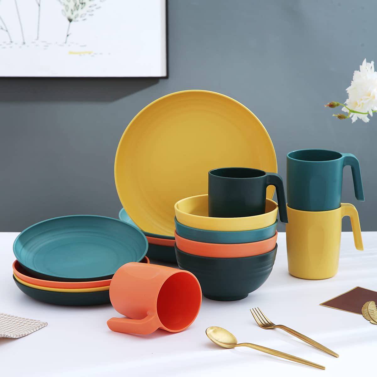 Kyraton Plastic Dinnerware Set of 16 Pieces, Unbreakable and Reusable Light Weight Plates Mugs Bowls Dishes Easy to Carry and Clean Microwave Safe BPA Free Dishwasher Safe Service for 4 (Mutil Color)