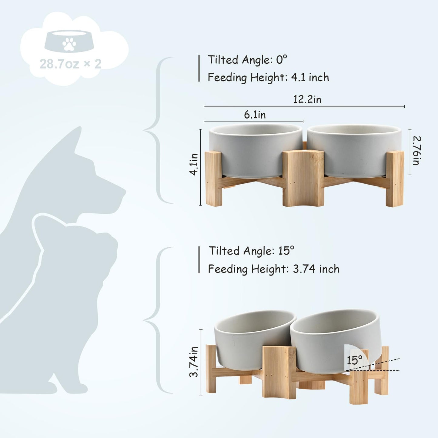 15° Slanted Ceramic Dog and Cat Bowl with Wooden Stand, Tilted Bulldog Food and Water Bowl No Slip Non-Spill for Cats Medium Dogs Big Face Pets 28.7 OZ (3.6 Cups)