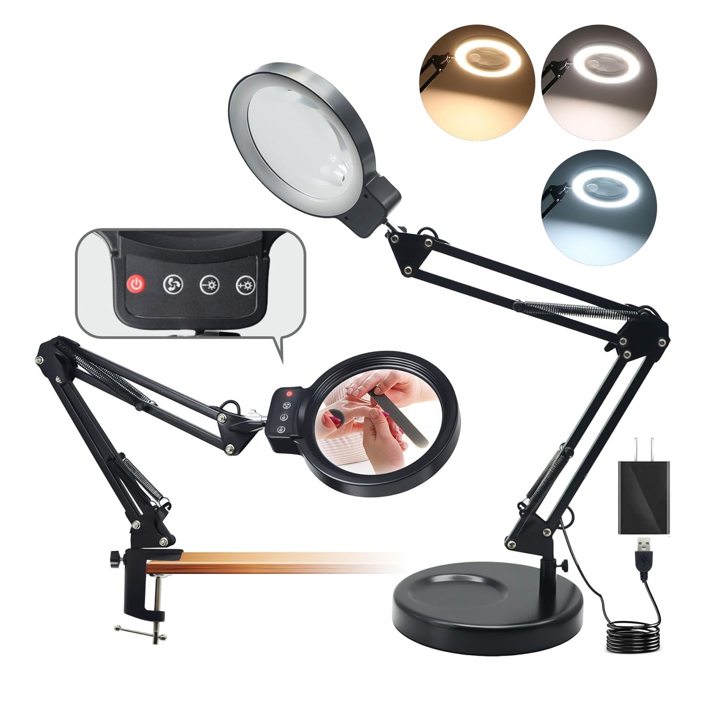 10X/20X Magnifying Glass with Light and Stand, LED Desk Lamp with Base and Clamp, 3 Color Mode, 10 Dimmable Levels Desktop Magnifier, Hands Free for Reading Crafts Jewelry Sewing Close Work