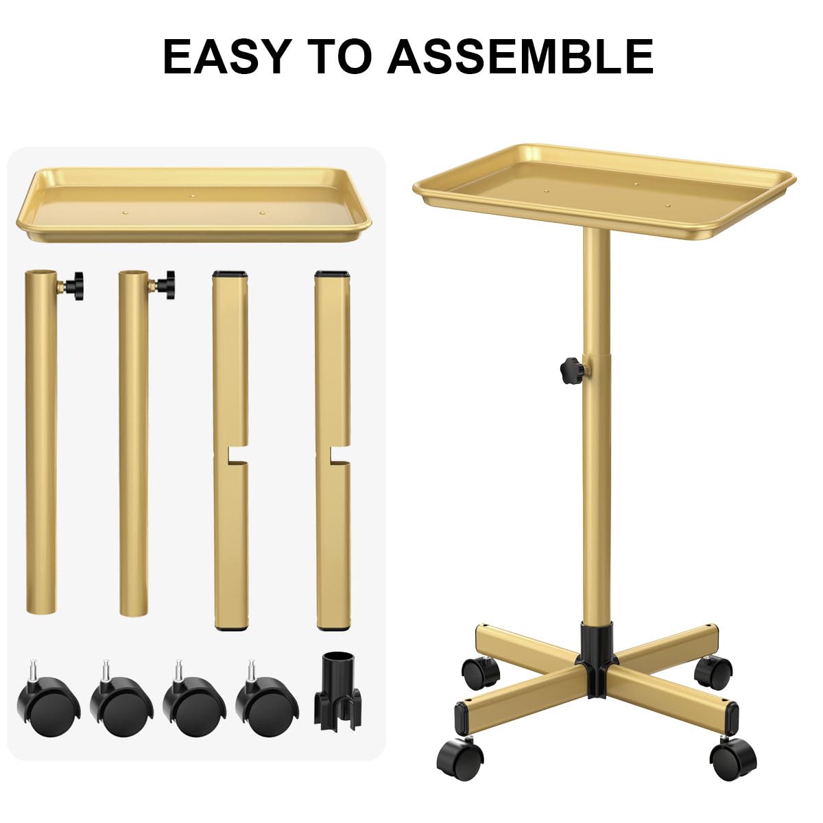 Salon Tray Cart Premium Aluminum Tattoo Tray, Champagne Gold Salon Rolling Tray, Height Adjustable Utility Trolley, Salon Tray on Wheels for Spa Hairstylist Clinic Dental