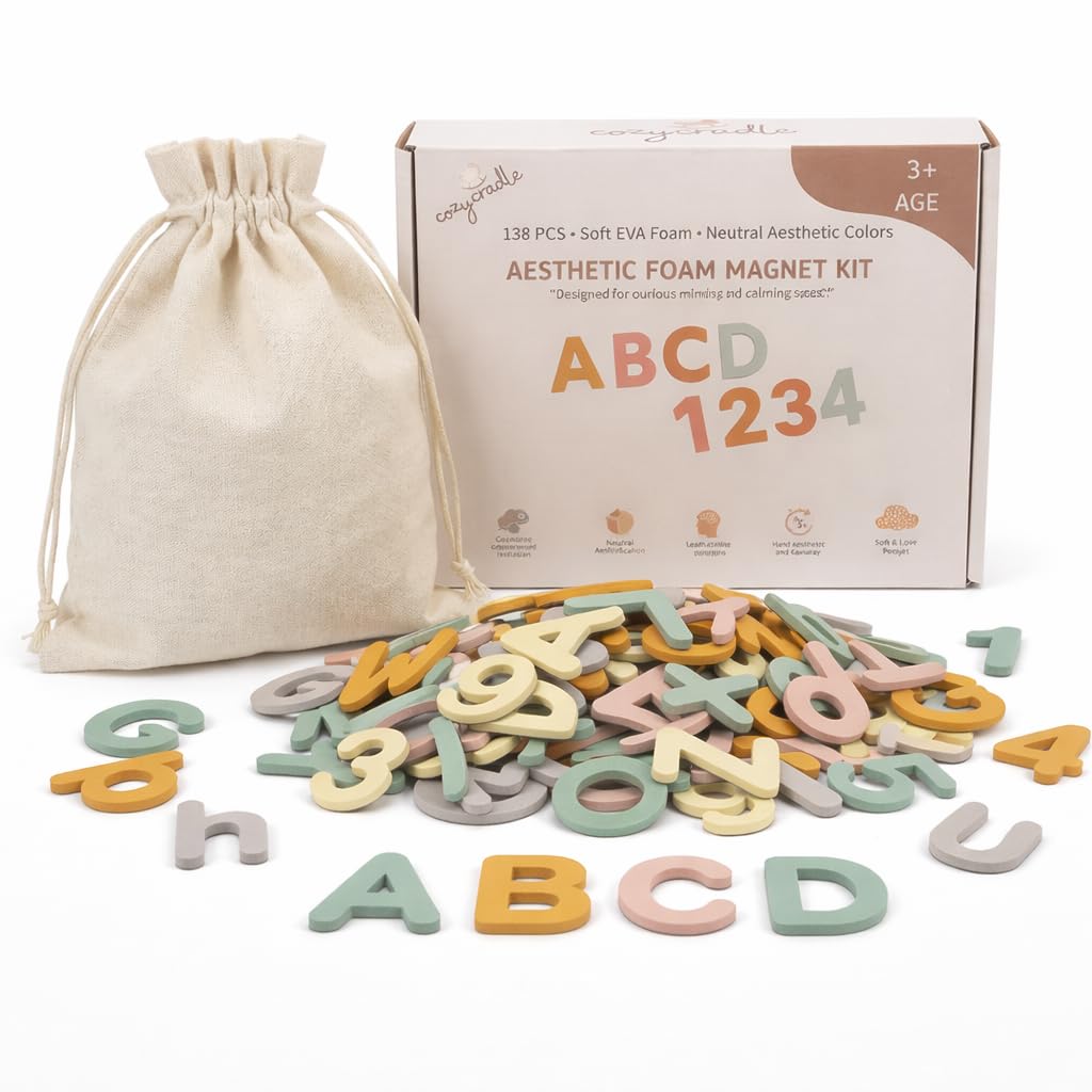 Magnetic Letters & Numbers for Kids – 138 PCS Montessori Alphabet Magnets Set with Uppercase, Lowercase, Numbers & Symbols – Neutral Aesthetic Foam ABC Learning Toys for Toddlers