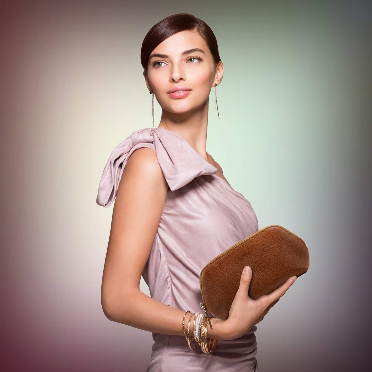 Otto Angelino Genuine Leather Makeup Bag Cosmetic Pouch Travel Organizer Toiletry Clutch (Light Brown)