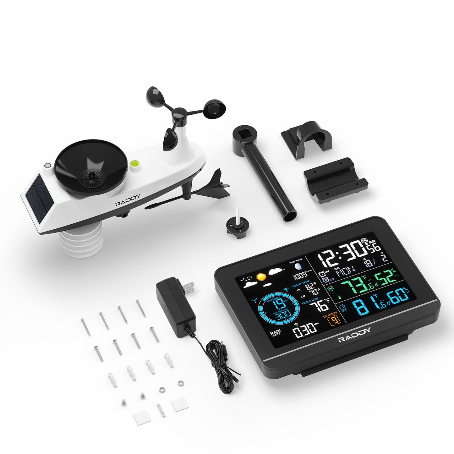 Raddy UV-6 Professional Weather Station with 6" VA Display and Outdoor Sensor, Wireless Indoor Outdoor Temperature & Humidity Monitor, Atomic Clock, UV & Light Index, Wind Speed, Rain Gauge