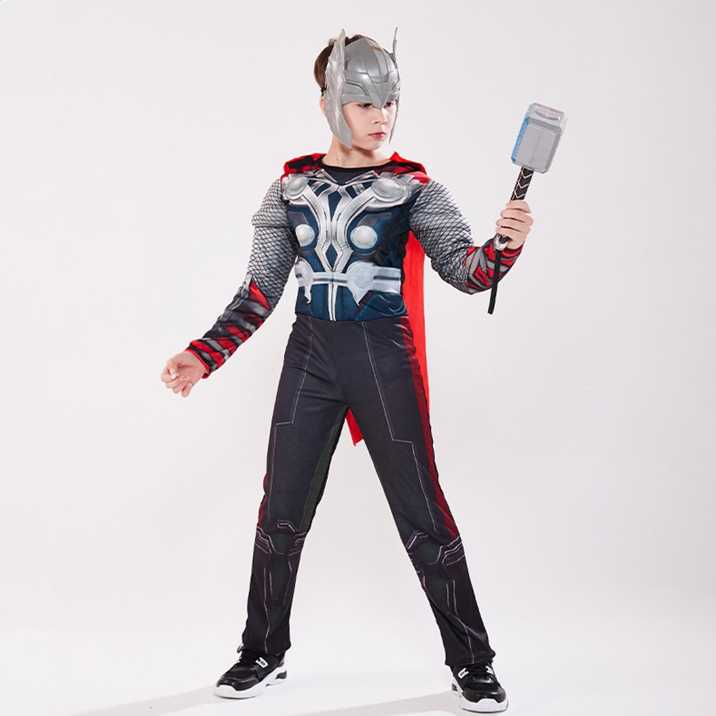 Puppyhao Super Hero Costume Kids Muscle Suit Deluxe 4Pcs SuperHero Mask Jumpsuit Cape Hammer Fun Halloween Cosplay Costume